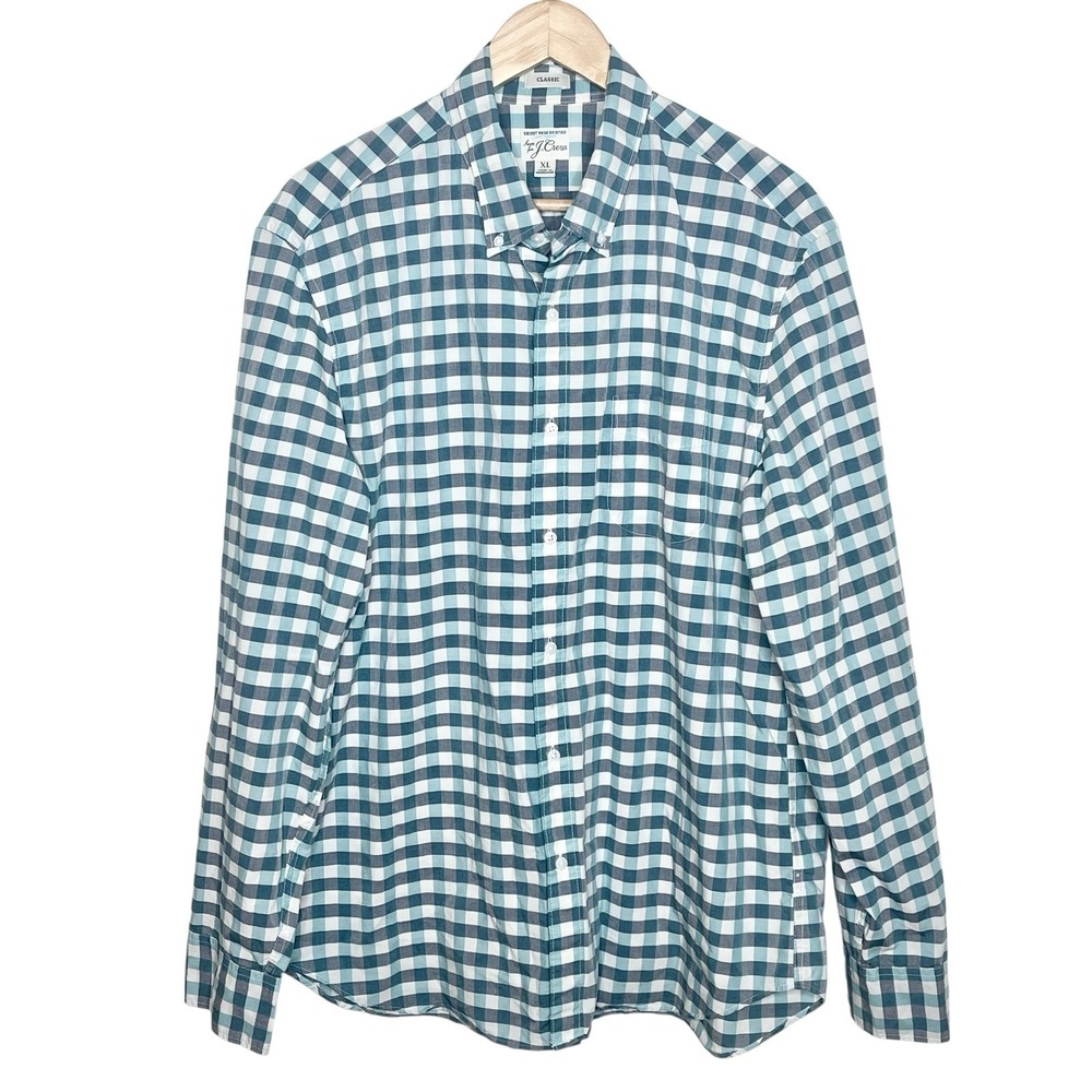 J Crew Secret Wash Shirt Classic Fit Teal Plaid Mens XL Button Down Long Sleeve
